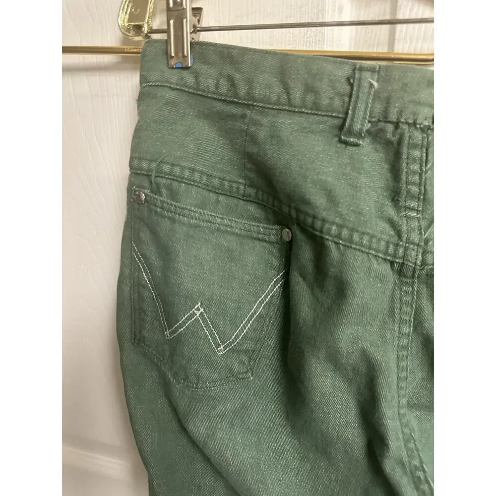 70s Wrangler Misses Jeans Green Denim Snap Button Wide Leg Flare Slim Sz 18 30w - Picture 7 of 9